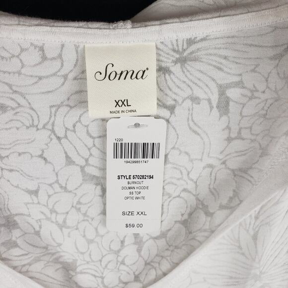 NWT Soma Dolman Hoodie Women XXL White Floral Burnout V-Neck Short Sleeve - Picture 5 of 9